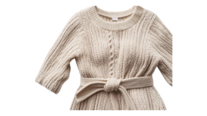 Soft cream knitted sweater with belt detail showcased on a transparent backdrop for fashion enthusiasts and designers.