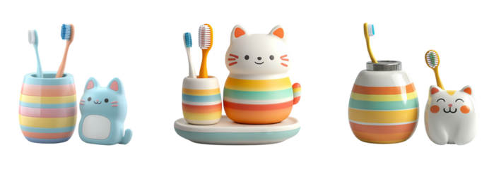 Cute Cat and Kitten Toothbrush Holder Set