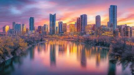 Fototapeta premium Panoramic skyline of a modern city at dawn, soft pink and orange hues illuminating tall buildings and a calm river