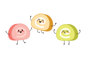 Swiss roll cake on white background. Swiss roll cake character vector.