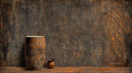 Yoruba wedding drum, intricately carved patterns, ceremonial symbols, rustic background, copy space