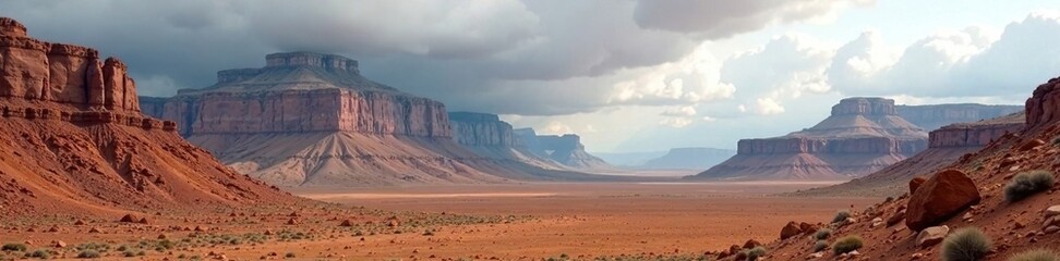 Fototapeta premium rugged mountain landscape under gray cloudy sky, vast spaces, desert landforms