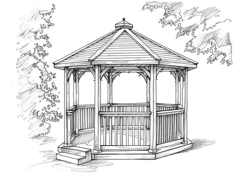 recommend clip art: Outline of a small wooden gazebo on a white background