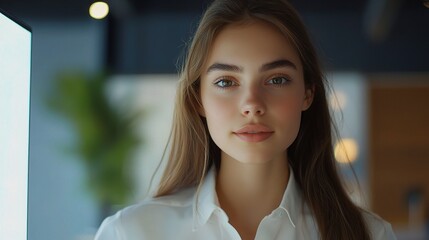 Confident Young Woman Giving Presentation in Modern Business Setting