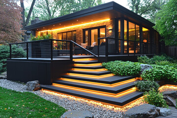 Modern home exterior with illuminated deck and stairs at dusk