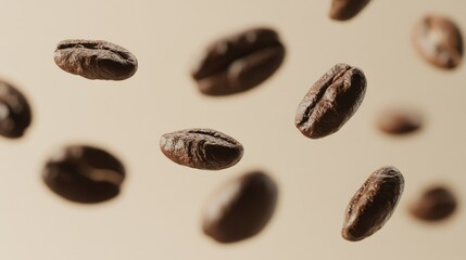 Fototapeta premium Richly textured coffee beans floating in mid-air against a soft beige background, capturing detail