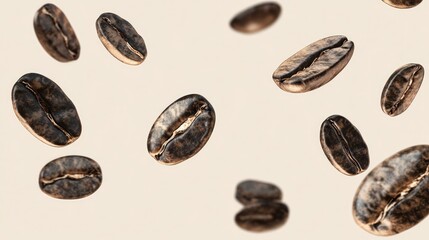 Richly textured coffee beans floating in mid-air against a soft beige background, capturing detail