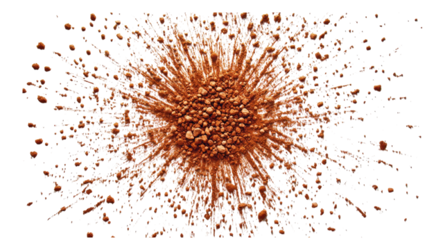Brown powder explosion spreading across a white background, showcasing fine particles in dynamic motion.