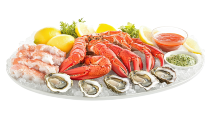 Fresh seafood platter featuring lobster, shrimp, oysters, and garnishes with lemon slices served on ice.