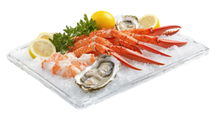 Fresh seafood platter featuring lobster, shrimp, oysters, and lemon slices on ice for a gourmet dining experience.