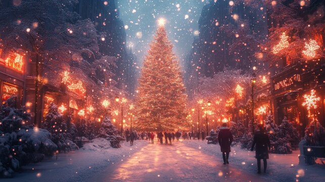 Festive winter wonderland with majestic christmas tree in snowy city street