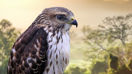 Red tailed hawk resing on tree top, Red-tailed Hawks are large hawks with typical Buteo proportions: very broad, rounded wings and a short, wide tail.Close up Red-tailed hawk.