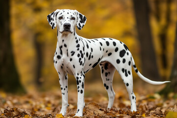Dalmatian standing on road at autumn park copy space