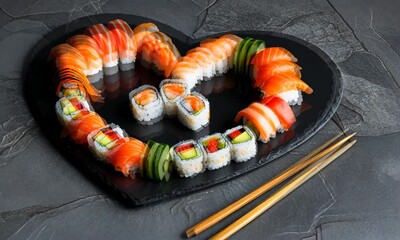 Valentine's day. Set with heart-shaped rolls for lovers on Valentine's day. February 14. Delicious and healthy Japanese cuisine. Love sushi