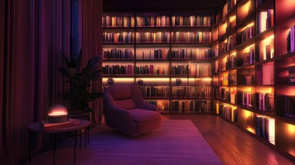 Small library space illuminated by soft, voice-controlled LED lights.