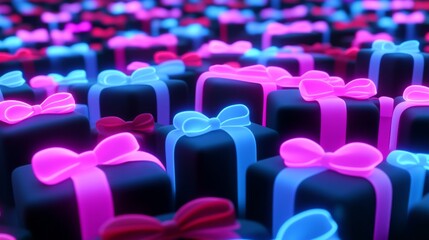 A festive composition featuring a variety of colorful gift boxes illuminated by ambient lighting, designed to create an engaging and joyful atmosphere for any celebration.