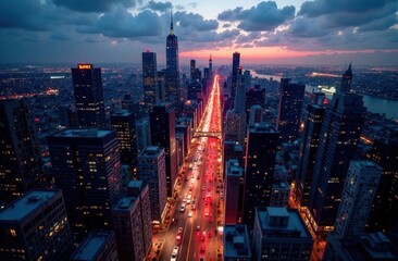 Fototapeta premium bustling urban cityscape with skyscrapers and busy streets, city skyline at twilight