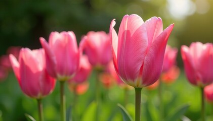 Soft pink petals unfurl on slender green stem, pink tulips blooming in garden, floral