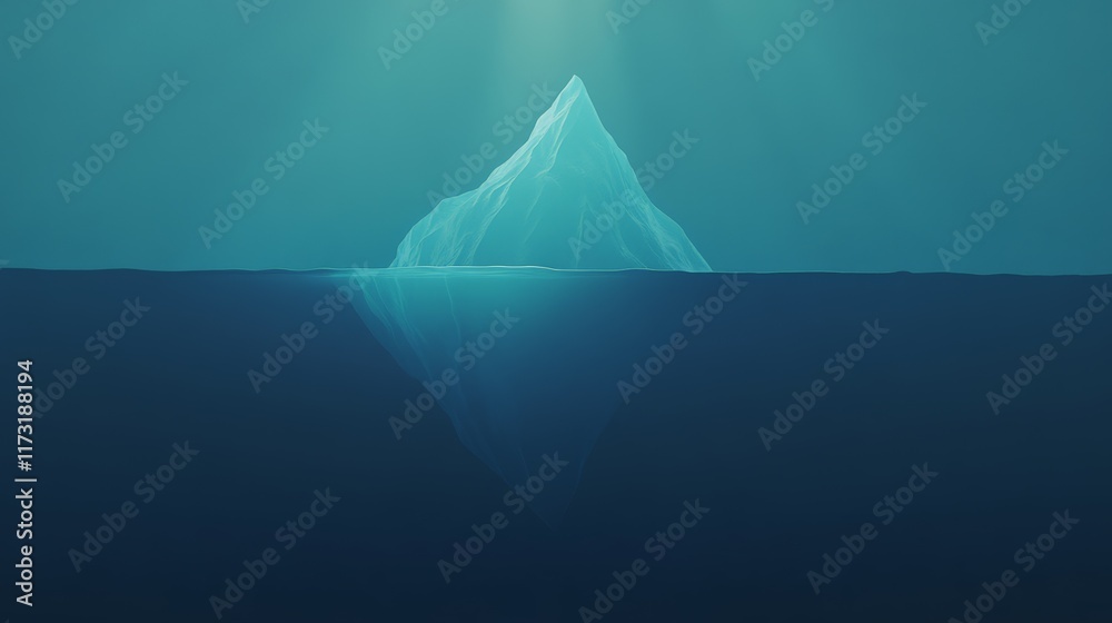 Poster large iceberg floating with most of its mass underwater, showing the concept of hidden danger, probl
