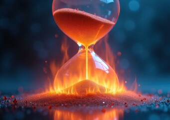 Hourglass filled with glowing sand surrounded by vibrant flames in a mystical setting