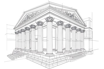 Outline of a courthouse with large columns on a white background