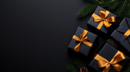 A collection of black gift boxes with vibrant orange ribbons, decorated with pine branches and cones, showcasing an elegant and trendy holiday gift presentation.