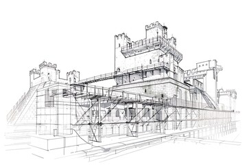 Outline of a medieval fortress on a white background