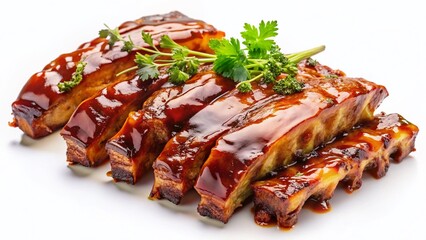 Delicious Glazed Pork Ribs Isolated on White Background - High-Resolution Drone Photography Stock Photo