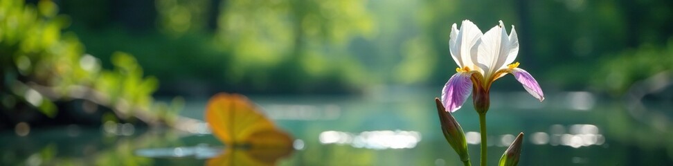 Fototapeta premium Water iris with long neck blooming above waterline, serenity, wetlands, wildflowers
