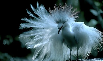 Elegant white bird displaying feathers, dark background.