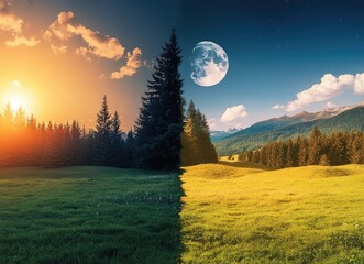 An image of the same landscape with pine trees in summer and winter, under the sun on one side and a full moon on the other side.