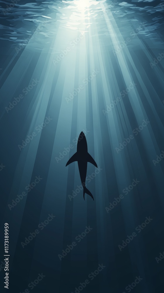 Poster sunbeams are shining through the rippling water surface creating a beautiful light show underwater, 