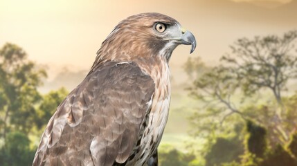 Red tailed hawk resing on tree top, Red-tailed Hawks are large hawks with typical Buteo proportions: very broad, rounded wings and a short, wide tail.Close up Red-tailed hawk.