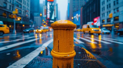 A vibrant, rain-soaked city scene with a bright yellow fire hydrant in the foreground, surrounded...