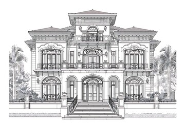 Outline of a mansion with detailed balconies on a white background
