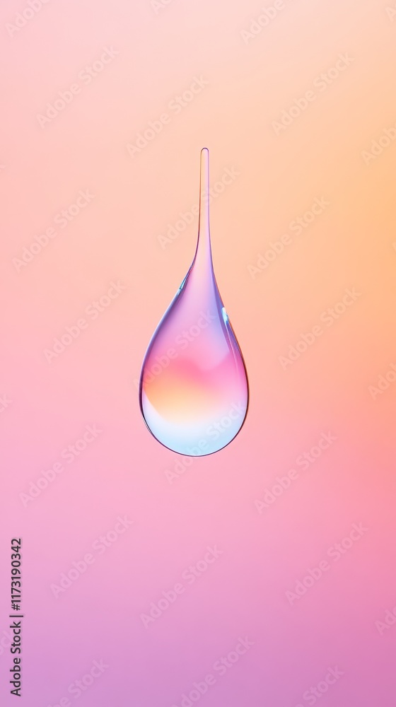 Poster clear drop of liquid hanging with a pointed top, reflecting a vibrant orange and pink gradient on it