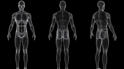 Three-dimensional human model in black wireframe from various angles isolated on transparent background
