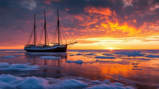 The beauty of a frozen sea at sunset, with glowing skies and a two-masted sailboat adding charm to the icy horizon