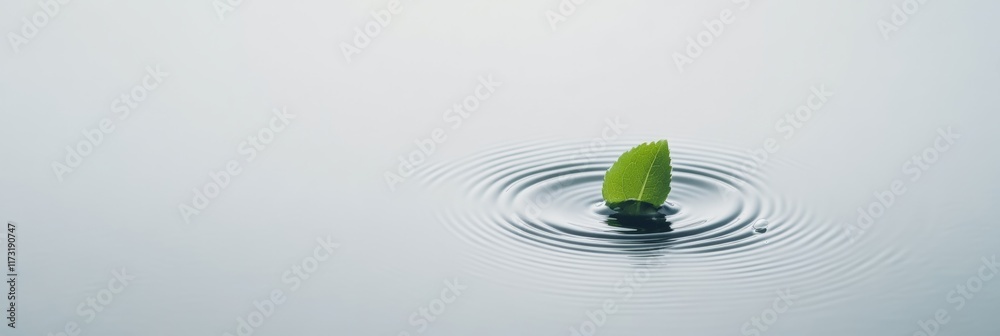 Poster Concentric ripples expanding on a calm water surface with a single green leaf floating, creating a tranquil and meditative scene, perfect for backgrounds and nature themed projects