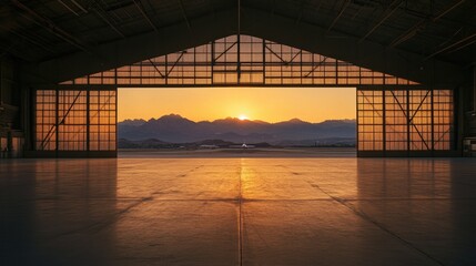The expanse of an empty hangar, its open doors offering a panoramic view of the golden hour sky and majestic mountain range