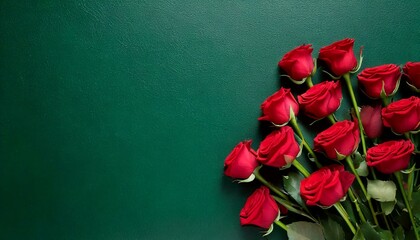 Fototapeta premium Red rose flower stem bunch flat lay top view on neutral white clean