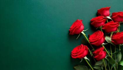 Fototapeta premium Red rose flower stem bunch flat lay top view on neutral white clean