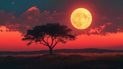 The golden hour over the African savanna, with an acacia tree in focus and the full moon rising in a vividly colored sky