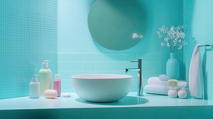 Turquoise bathroom interior with self-care products