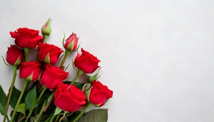 Obraz premium Red rose flower stem bunch flat lay top view on neutral white clean