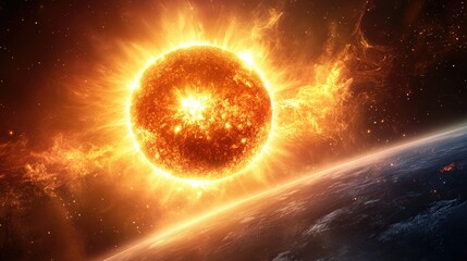 Obraz premium The sun ejecting a massive solar flare, with intense waves of light and energy approaching Earth's magnetic field.