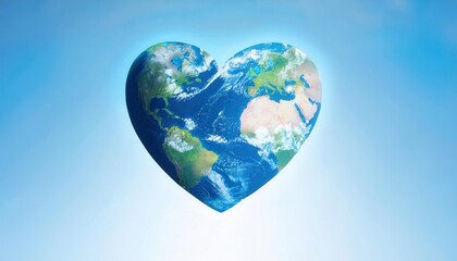 Naklejka premium Heart-Shaped Earth Depicting Love for Planet and Sustainability in a Clear Blue Sky, Celebrating Earth Day and Global Unity