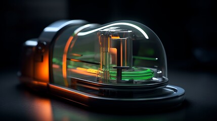 Close-up of futuristic compact medical or laboratory devices, sleek design with translucent components and soft glowing lights, sharp focus on one unit with others blurred in the background