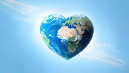 Fototapeta premium Heart-Shaped Earth Depicting Love for Planet and Sustainability in a Clear Blue Sky, Celebrating Earth Day and Global Unity
