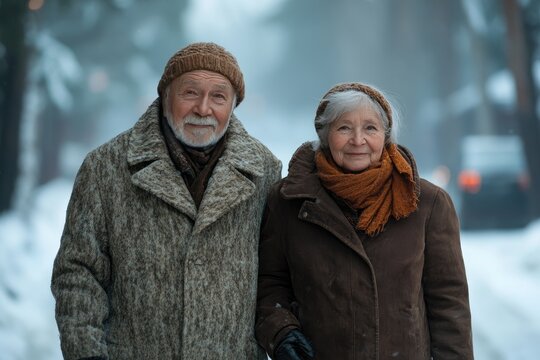Elderly Couple in Winter Clothing Enjoying Snowy Outdoors